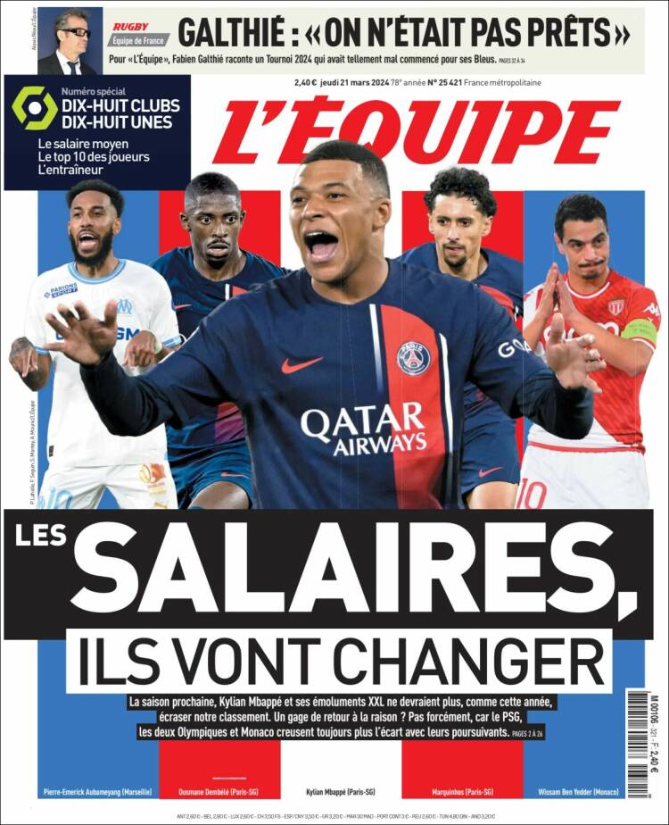 Portada de L'Equipe (Francia)