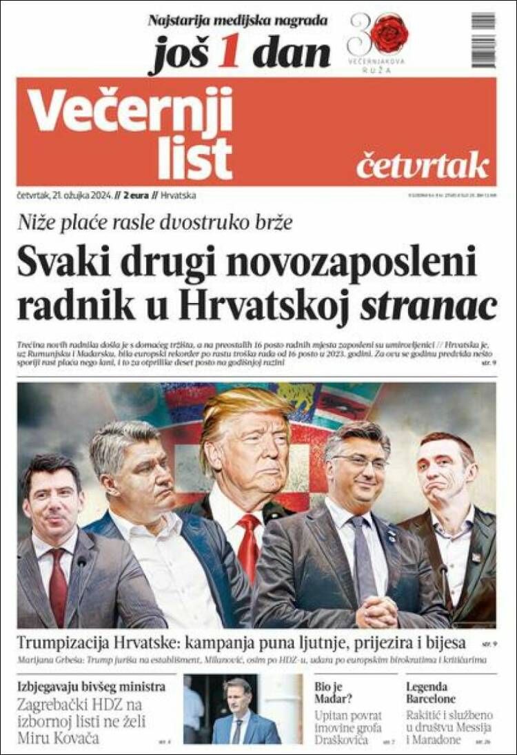Portada de Večernji (Croacia)