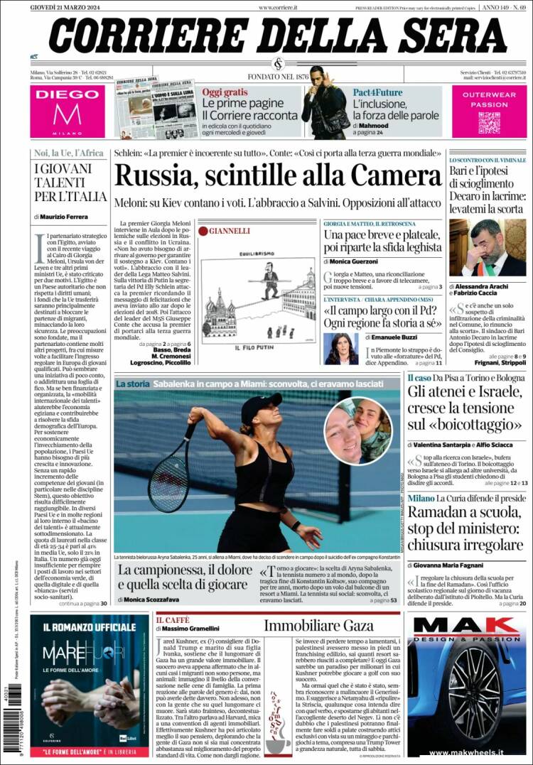 Portada de Corriere della Sera (Italia)