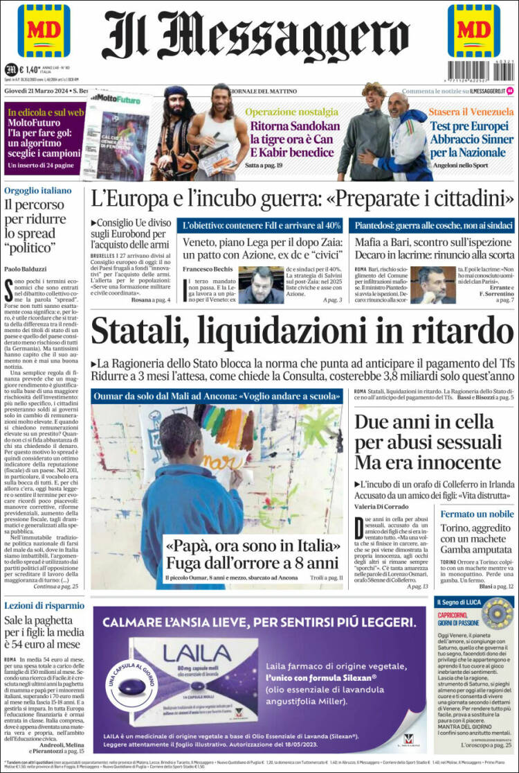 Portada de Il Messaggero (Italia)