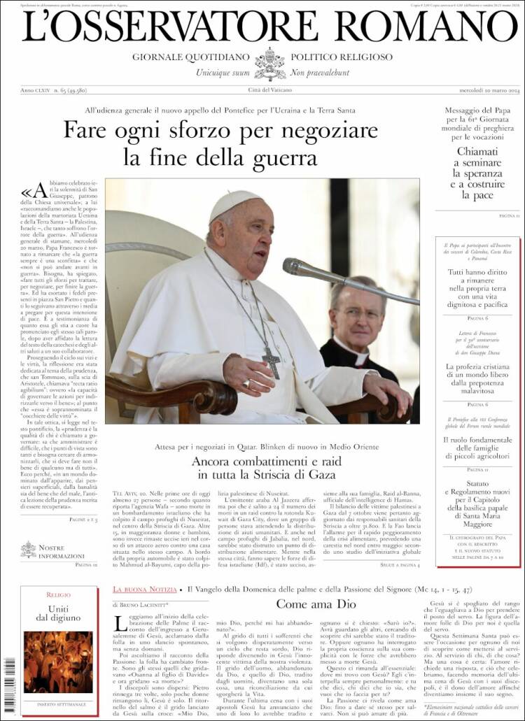 Portada de L'Osservatore Romano (Italia)