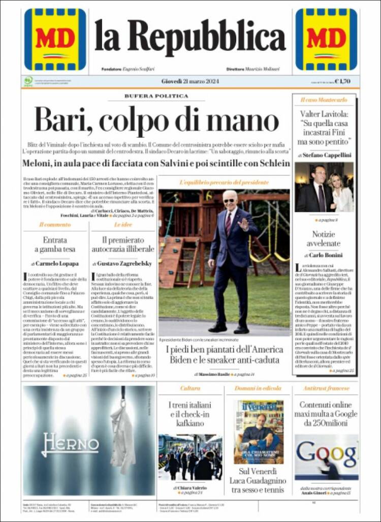 Portada de La Repubblica (Italia)
