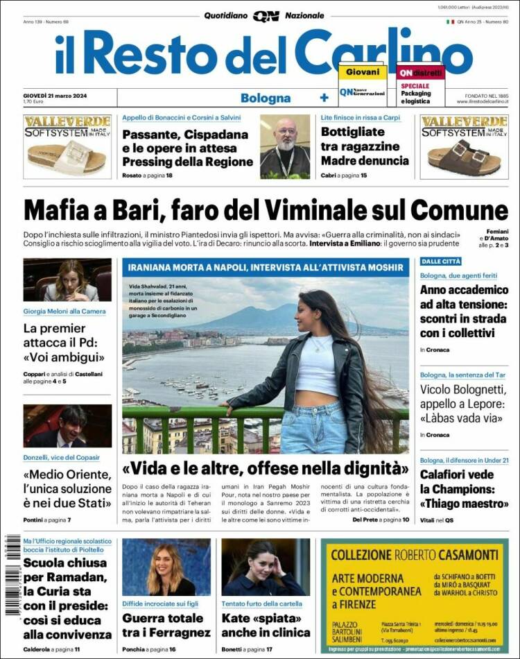 Portada de Il Resto del Carlino (Italia)