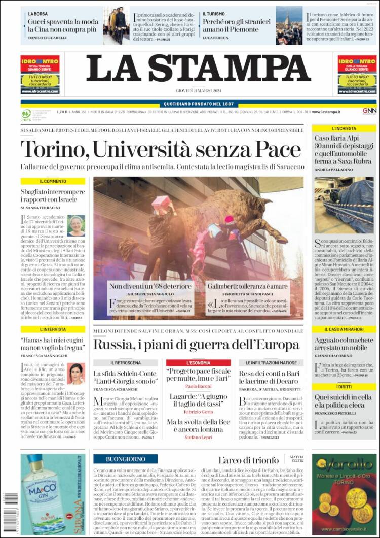 Portada de La Stampa (Italia)