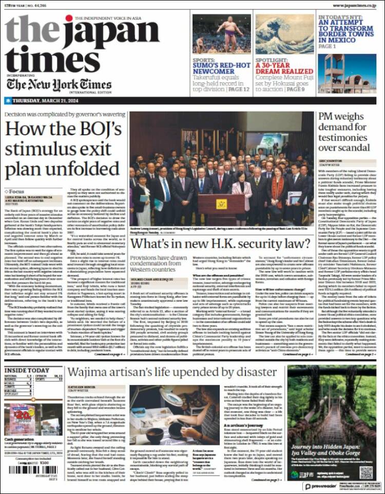 Portada de The Japan Times (Jap&oacute;n)