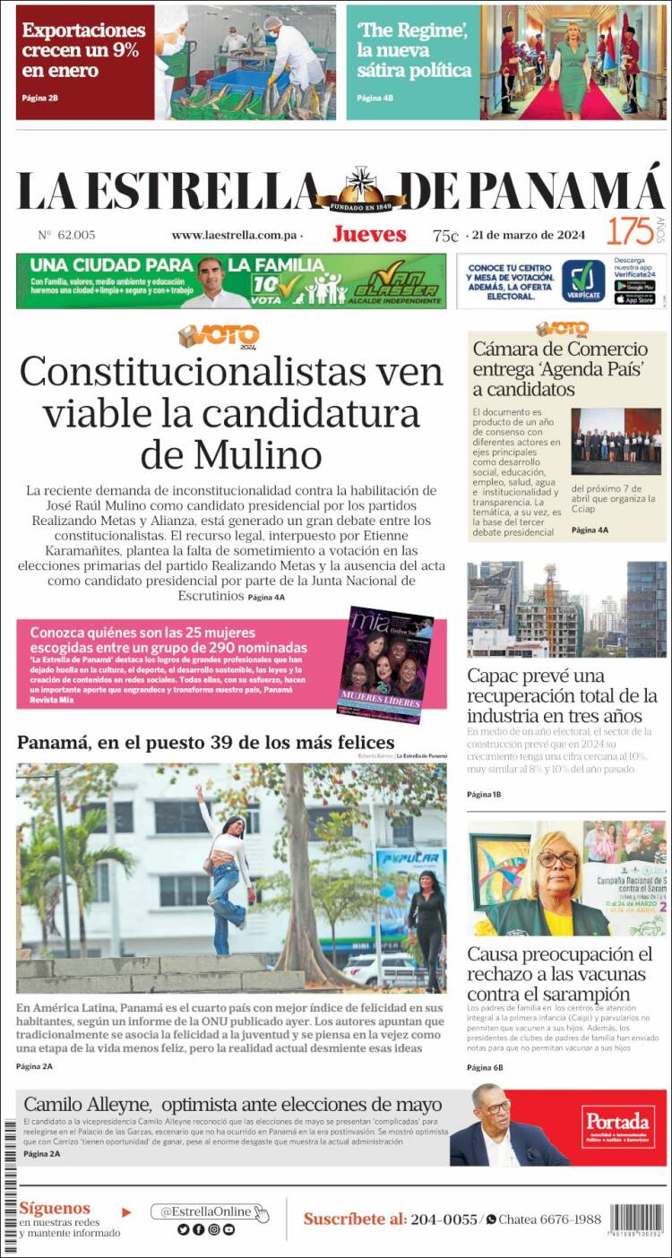 Portada de La Estrella de Panamá (Panam&aacute;)