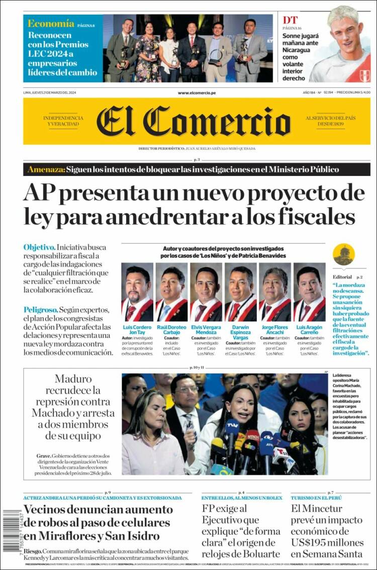 Portada de El Comercio (Per&uacute;)