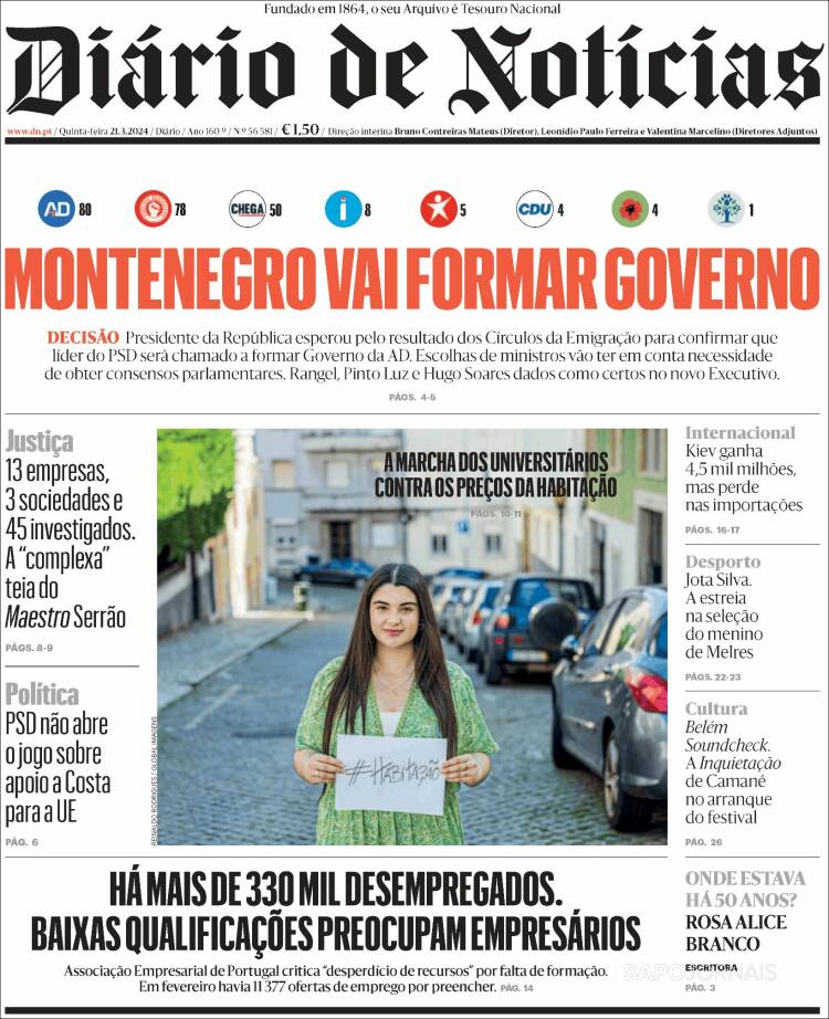 Portada de Diário de Noticias (Portugal)