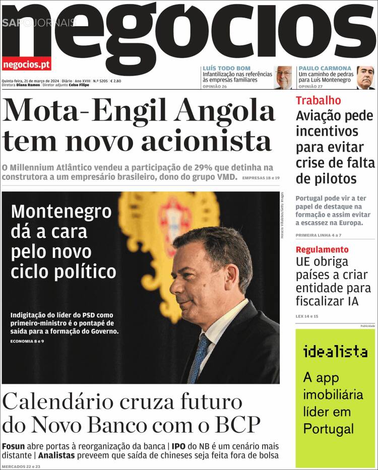 Portada de Jornal de Negócios (Portugal)