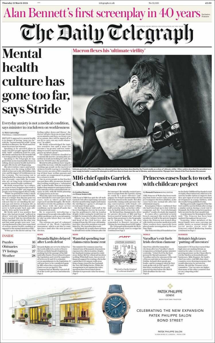 Portada de Daily Telegraph (Reino Unido)