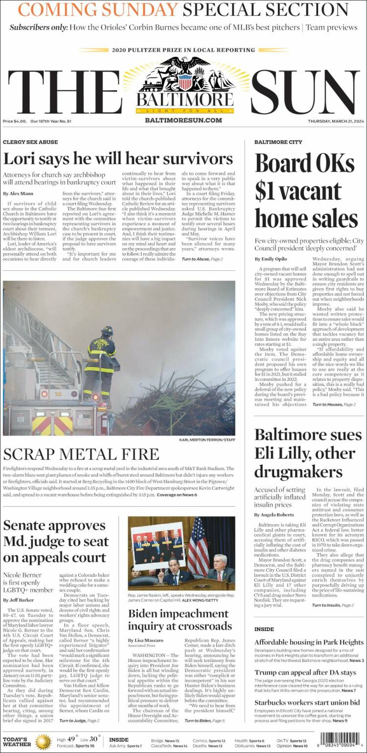 Portada de The Baltimore Sun (USA)