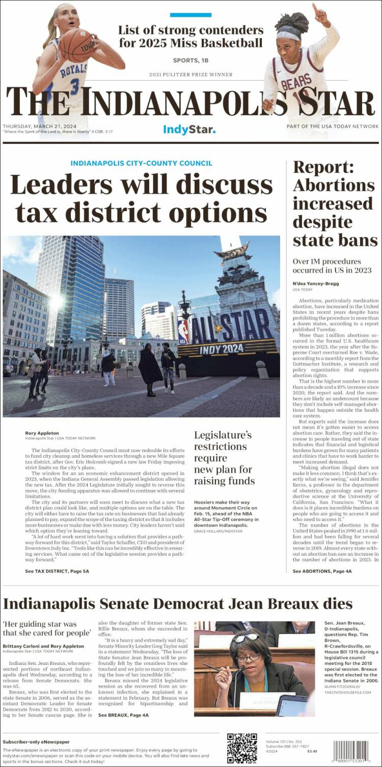 Portada de The Indianapolis Star (USA)