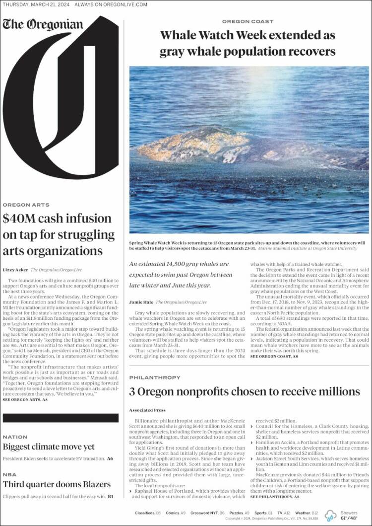 Portada de The Oregonian (USA)