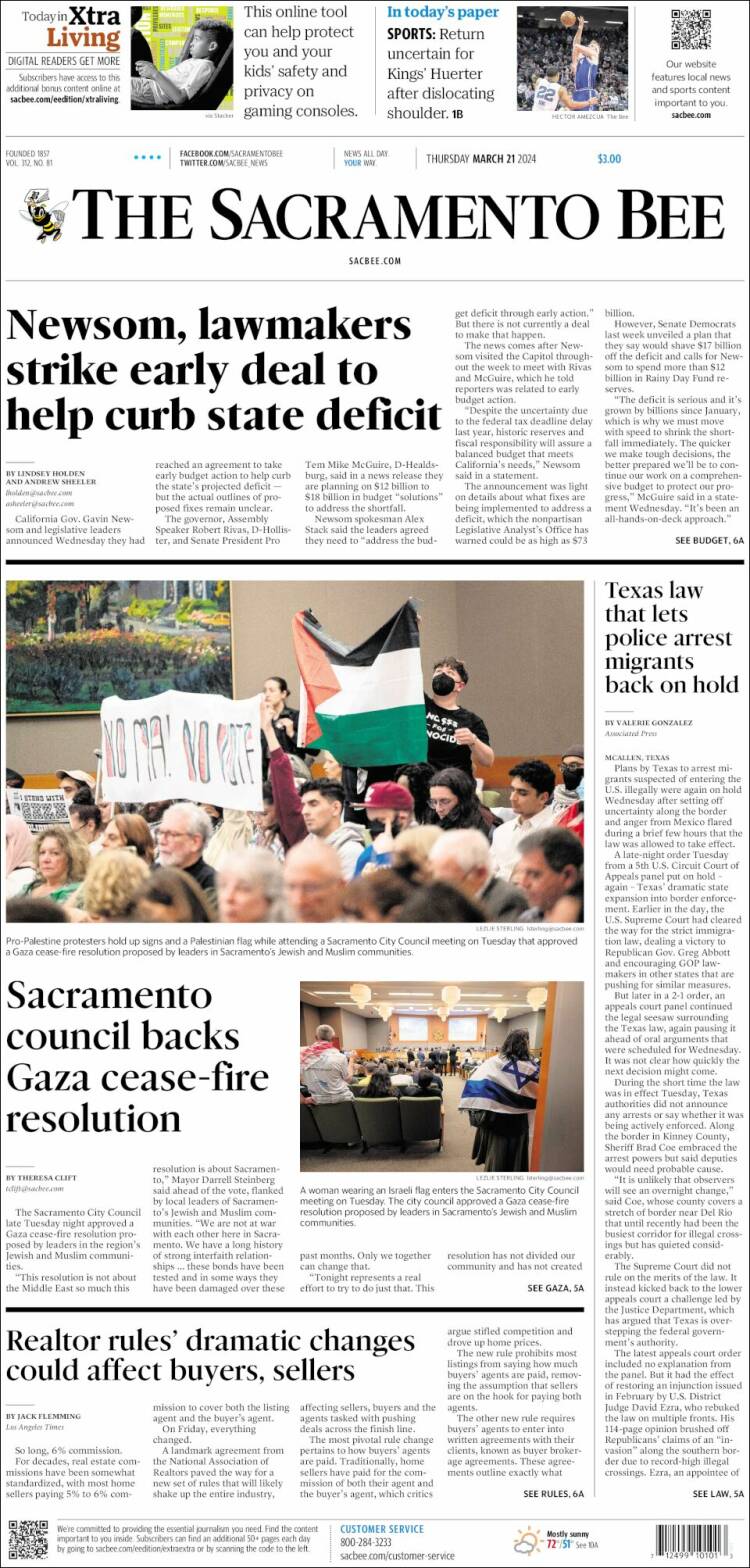 Portada de The Sacramento Bee (USA)