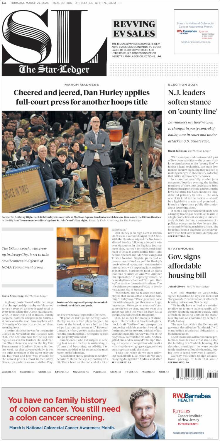 Portada de Star-Ledger (USA)