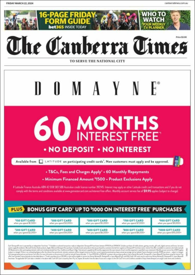 Portada de The Canberra Times (Australia)