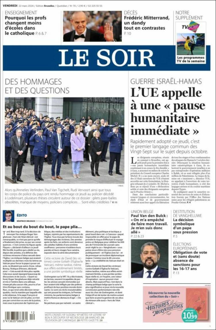 Portada de Le Soir (B&eacute;lgica)