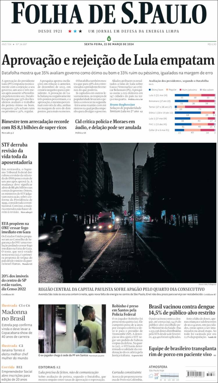 Portada de Folha de São Paulo (Brasil)