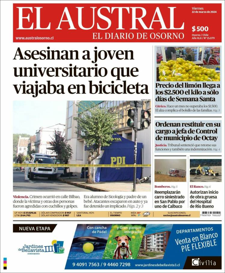 Portada de El Austral de Osorno (Chile)