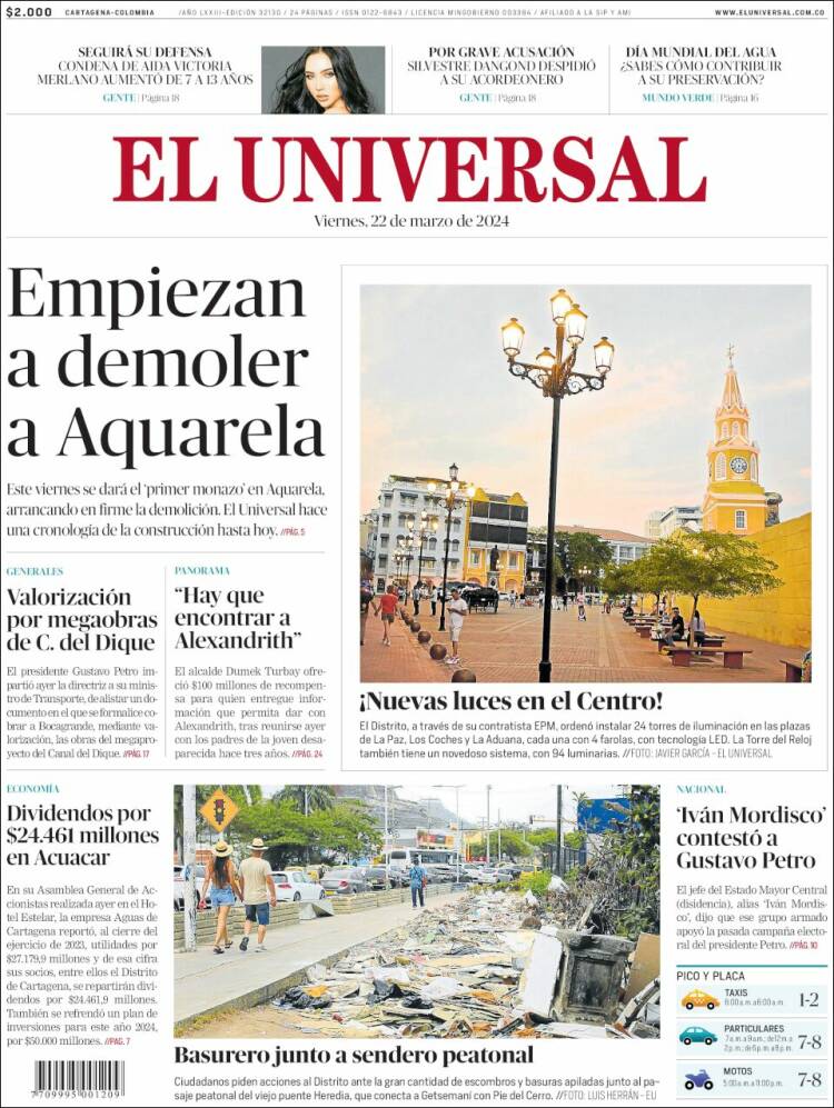 Portada de El Universal (Colombia)