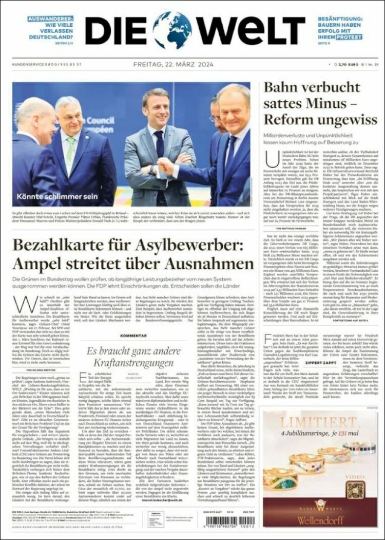 Portada de Die Welt (Alemania)
