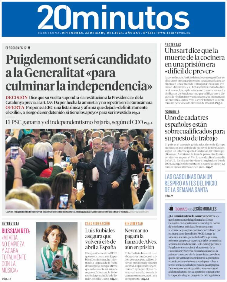 Portada de 20 Minutos - Barcelona (España)