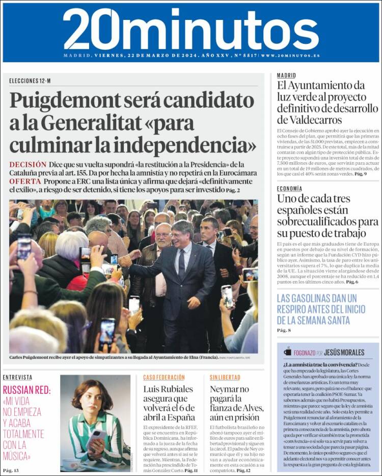 Portada de 20 Minutos - Madrid (España)