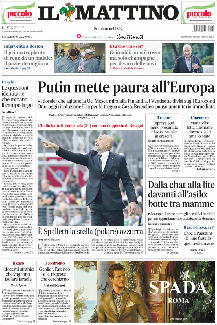 Portada de Il Mattino (Italia)