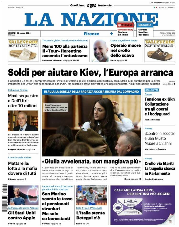 Portada de La Nazione (Italia)