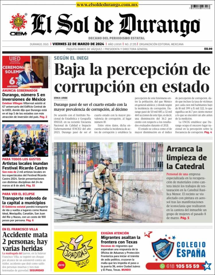 Portada de El Sol de Durango (M&eacute;xico)