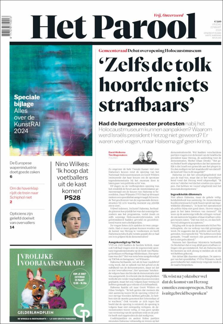 Portada de Het Parool (Pa&iacute;ses Bajos)
