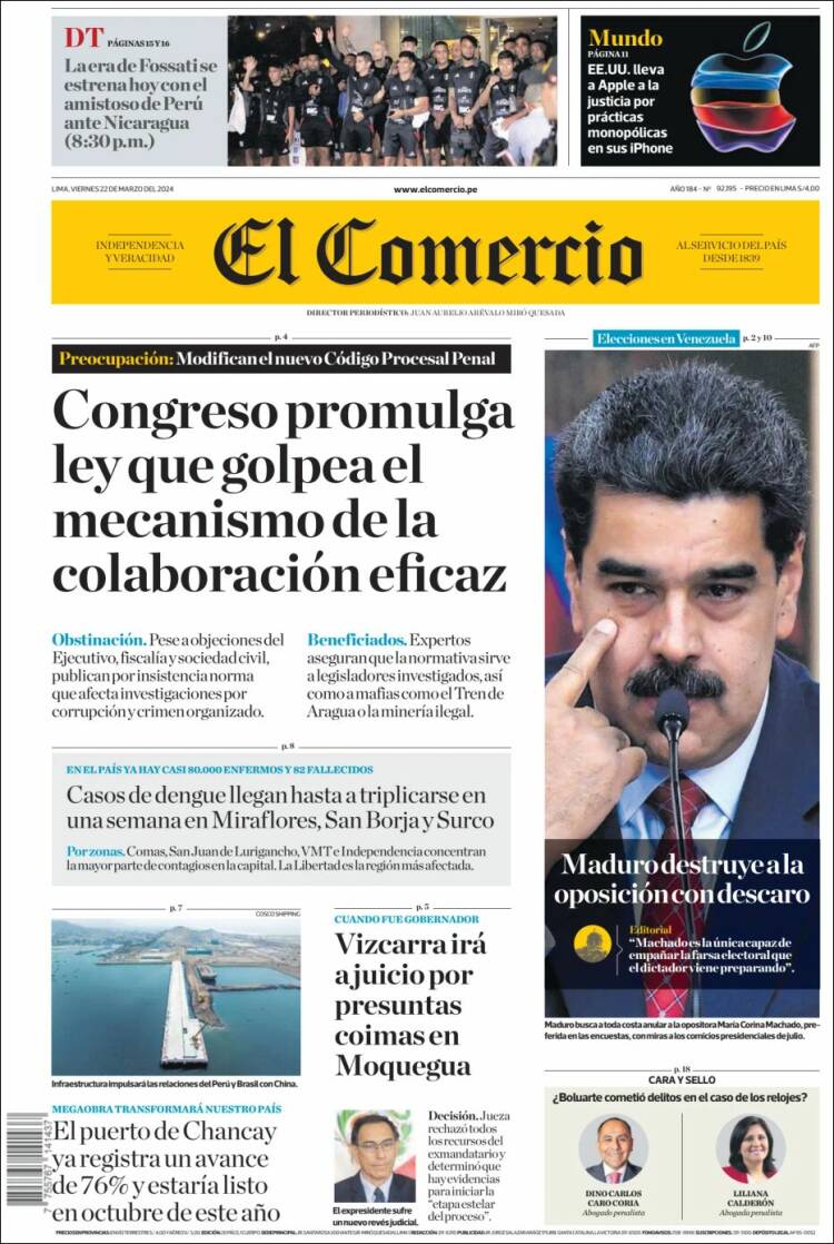 Portada de El Comercio (Per&uacute;)