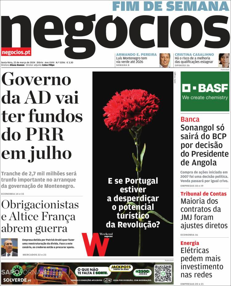 Portada de Jornal de Negócios (Portugal)