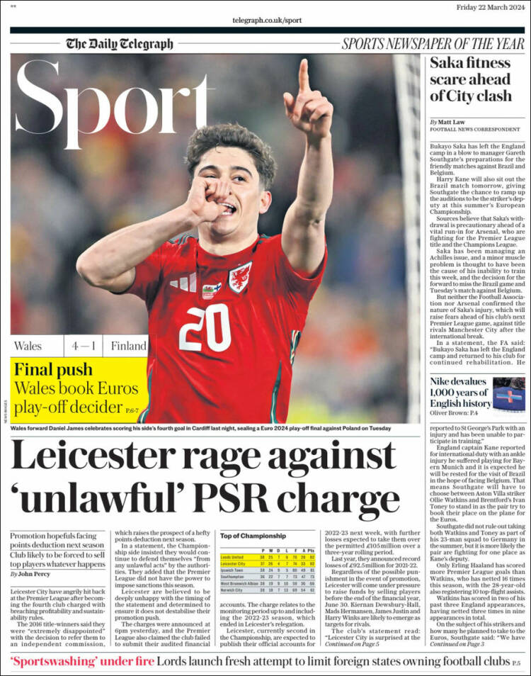Portada de Telegraph Sport (Reino Unido)