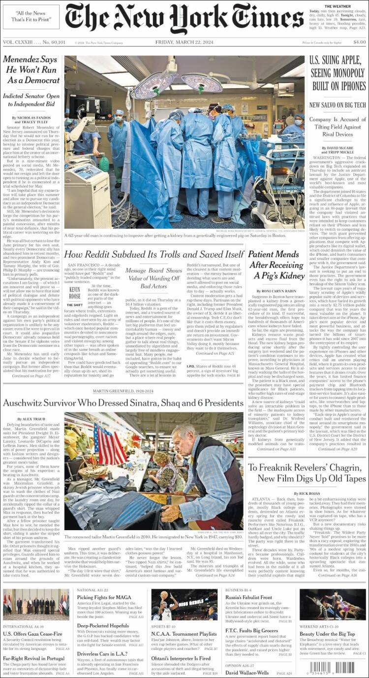 Portada de New York Times (USA)