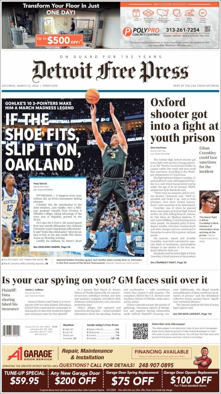 Portada de Detroit Free Press (USA)