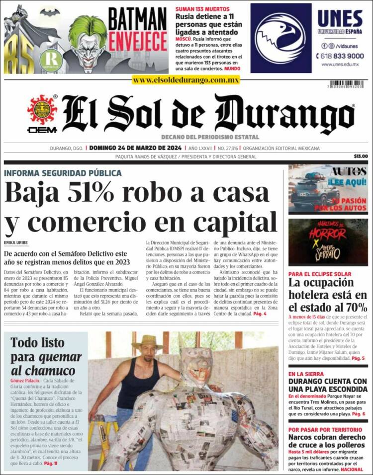 Portada de El Sol de Durango (México)