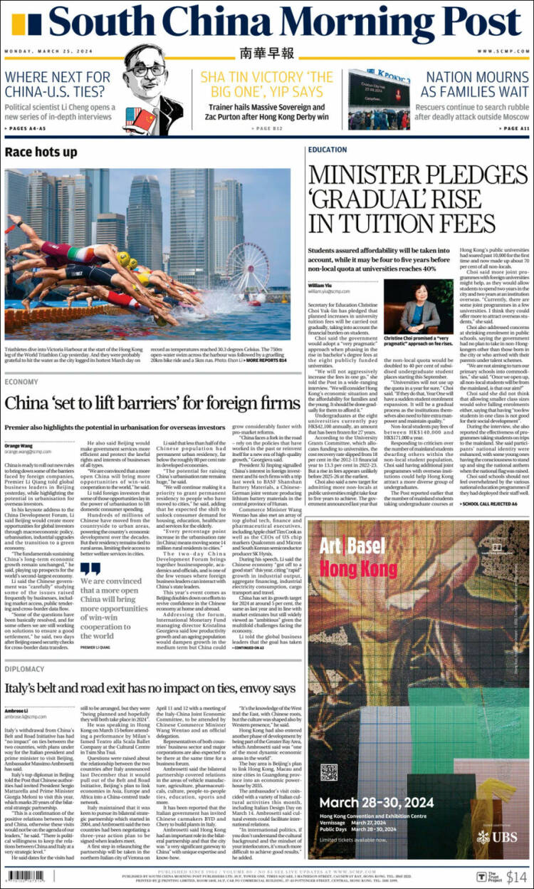 Portada de South China Morning Post (China)