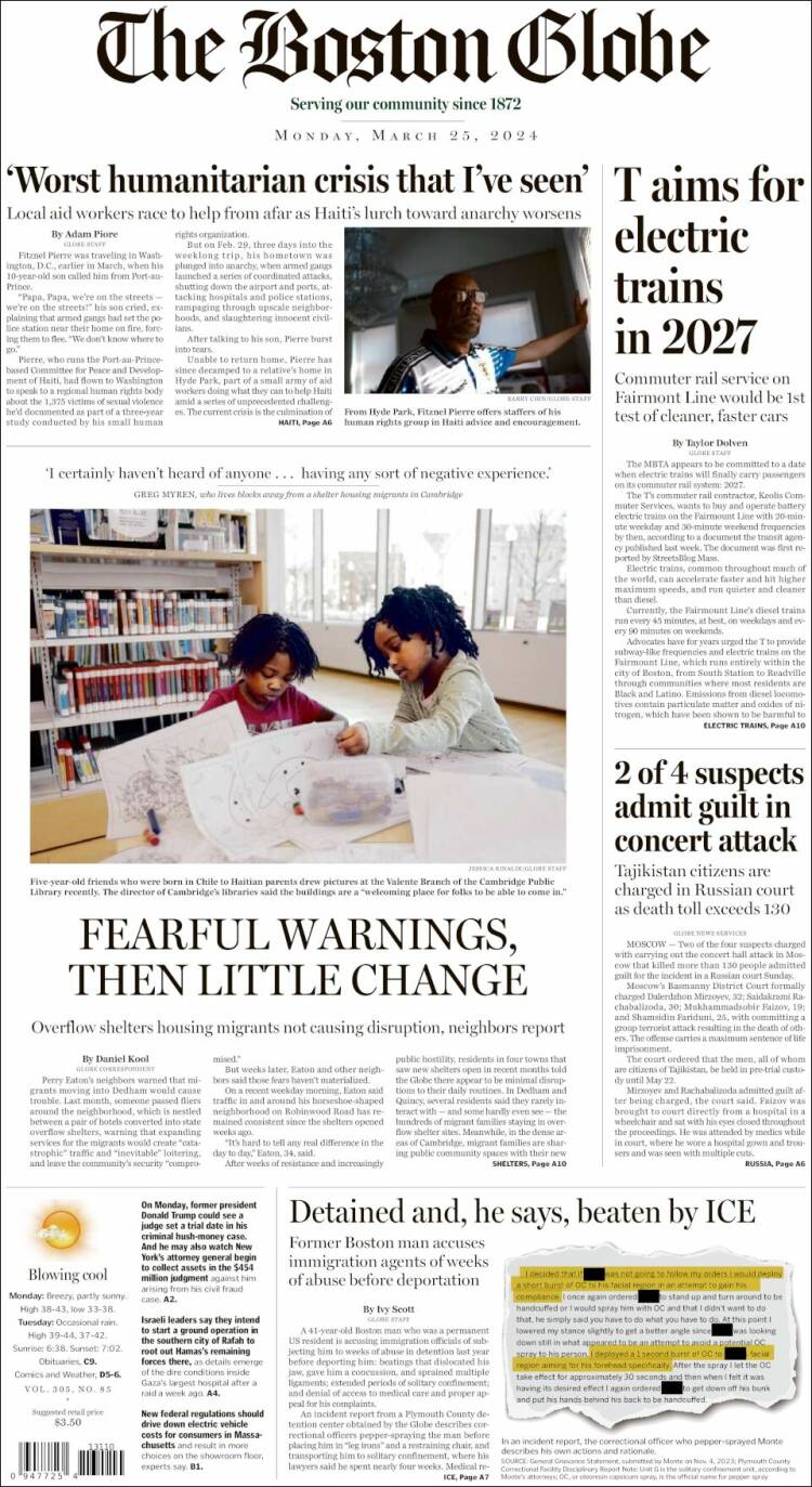 Portada de Boston Globe (USA)