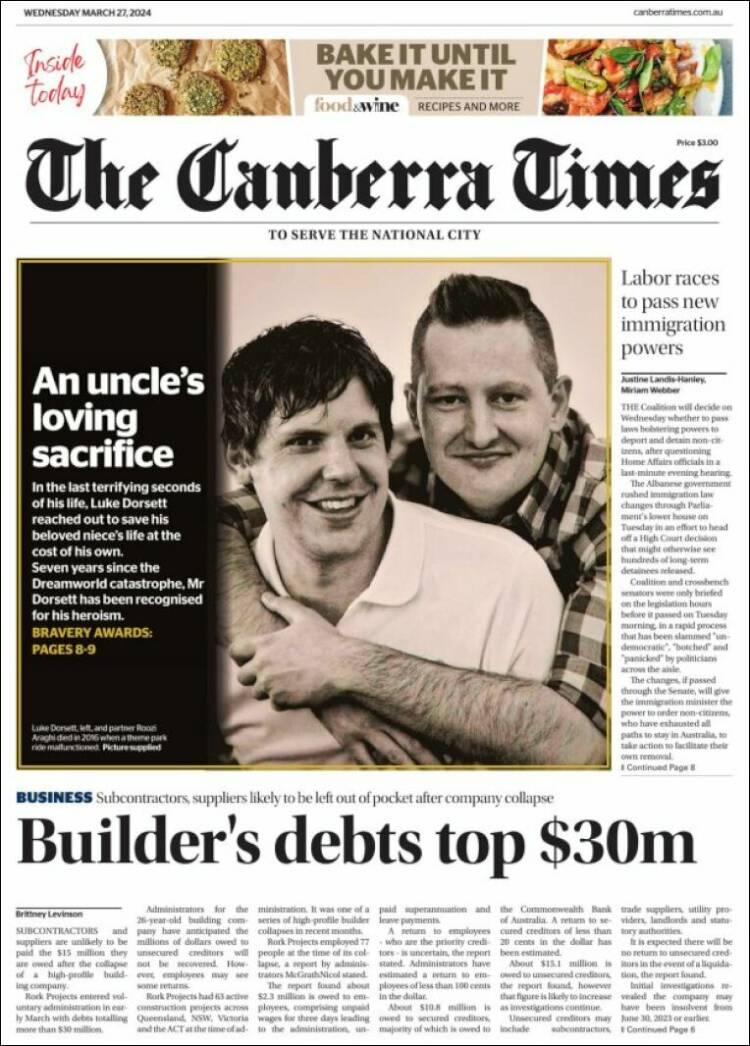 Portada de The Canberra Times (Australia)