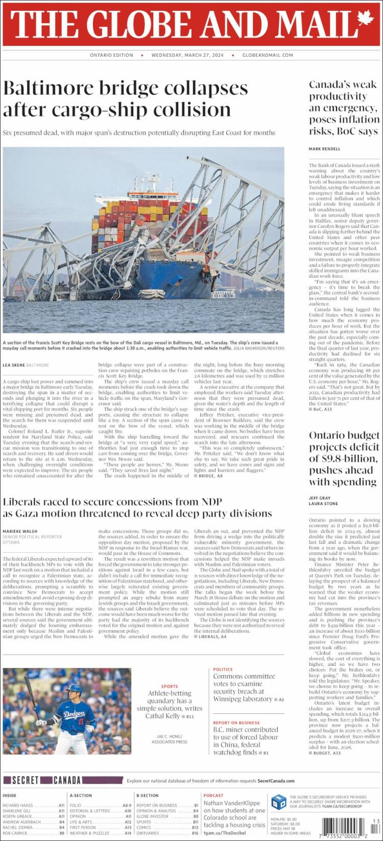 Newspaper The Globe And Mail (Canada). Newspapers In Canada. Wednesday ...