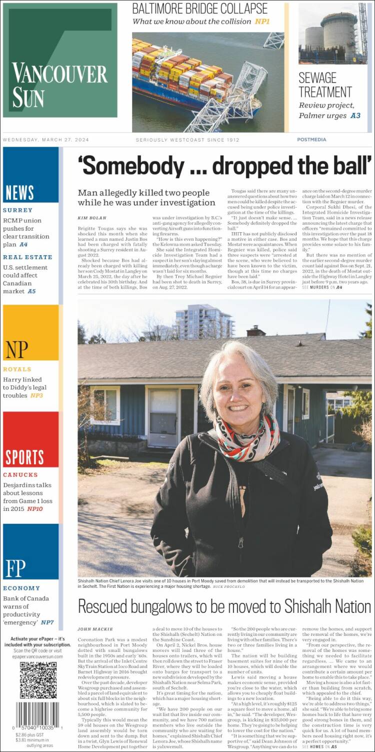 Portada de The Vancouver Sun (Canadá)