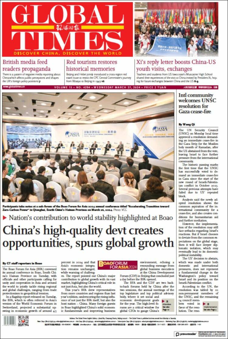 Portada de The Global Times (China)