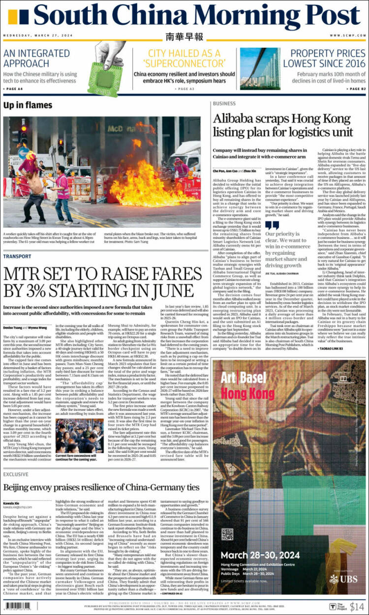 Portada de South China Morning Post (China)