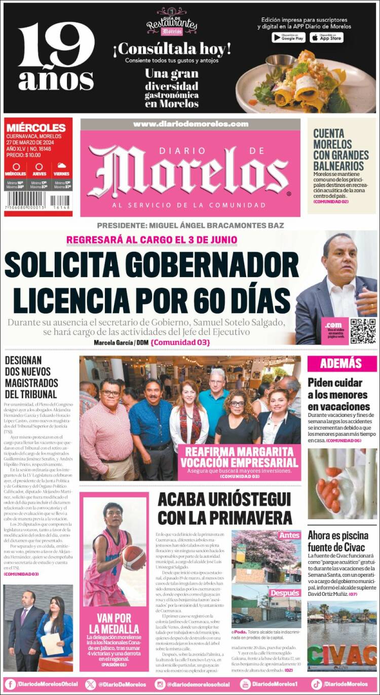 Portada de Diario de Morelos (M&eacute;xico)