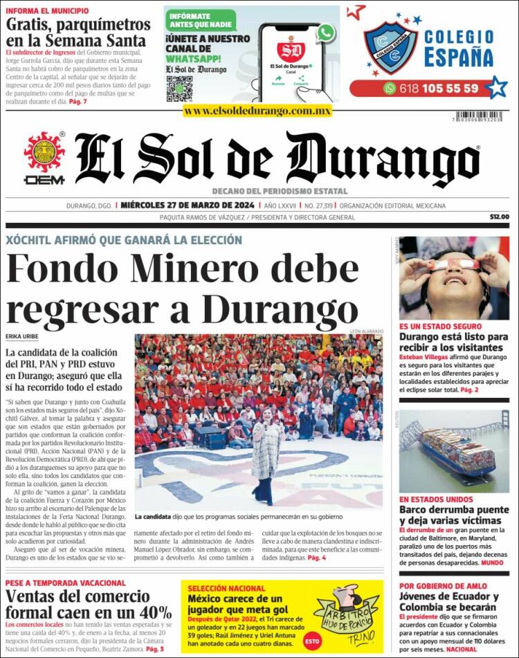 Portada de El Sol de Durango (M&eacute;xico)
