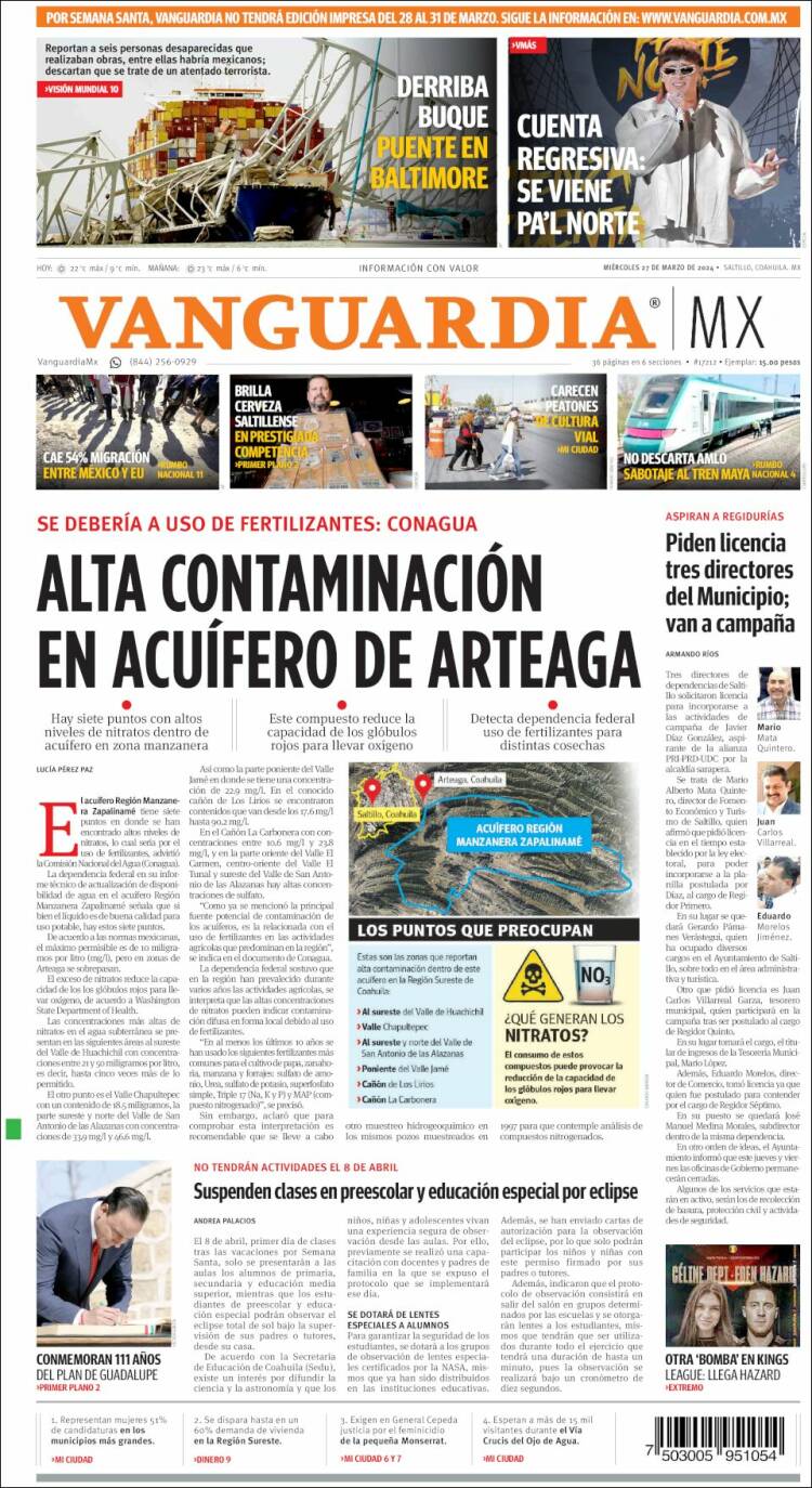 Portada de Vanguardia (M&eacute;xico)