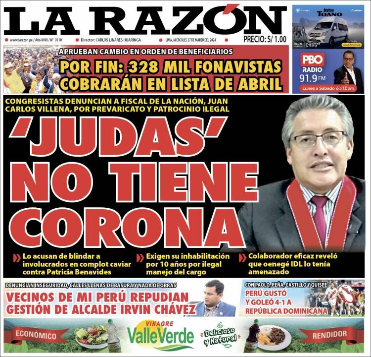 Portada de La Razón (Perú)