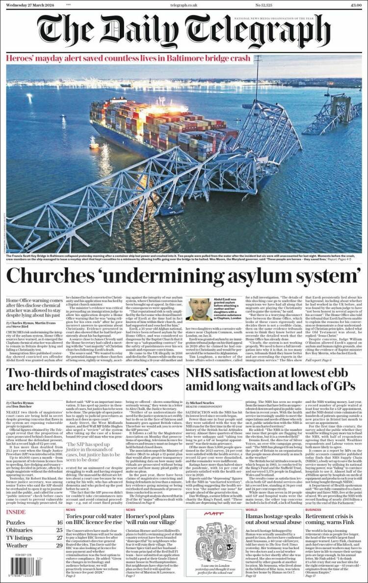 Portada de Daily Telegraph (Reino Unido)