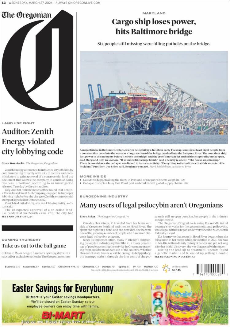 Portada de The Oregonian (USA)
